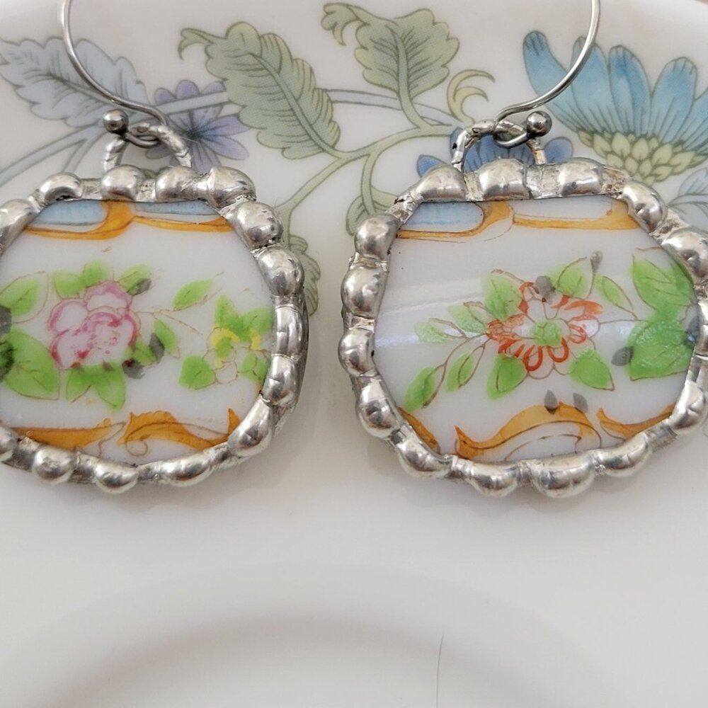 Vintage Hand Painted Flowers Broken China Soldered Earrings